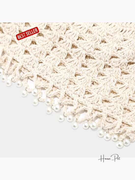 Crochet Beanie Hat Pearl Trim Boho Lightweight Knit Skull Cap